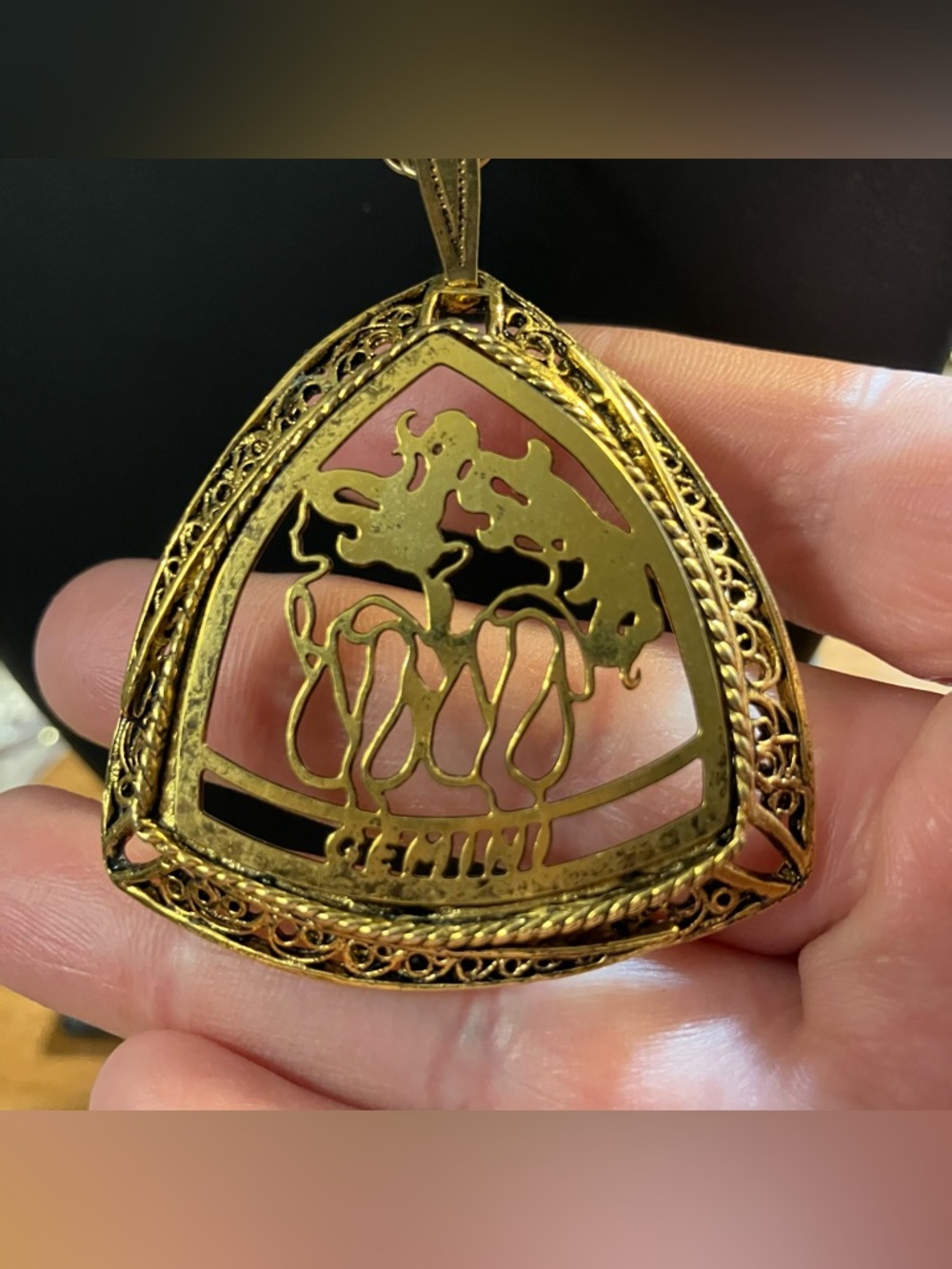 Vintage 70s Gemini Astrology Necklace Filigree Gold Tone
